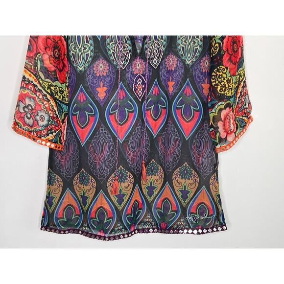Desigual Rugos Embroidered Geometric Sheer Chiffon Kaftan Blouse Multi Women's M - Picture 6 of 9